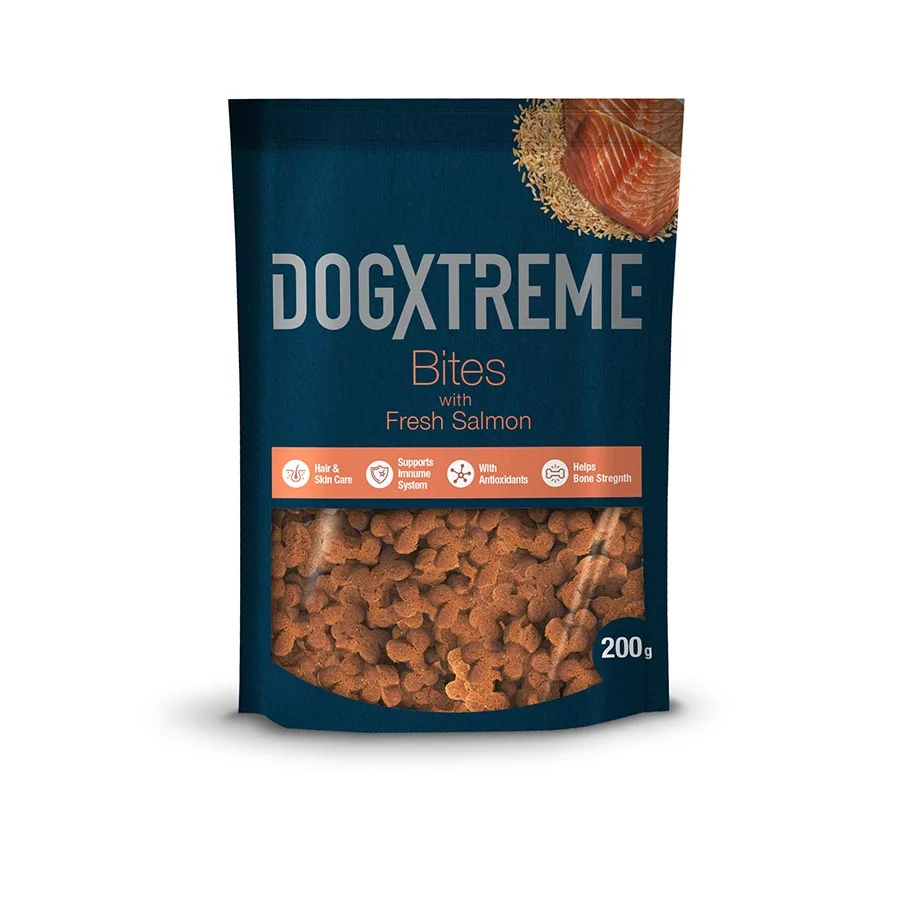 Petiscos semiúmidos de salmão Dogxtreme Bites para cães