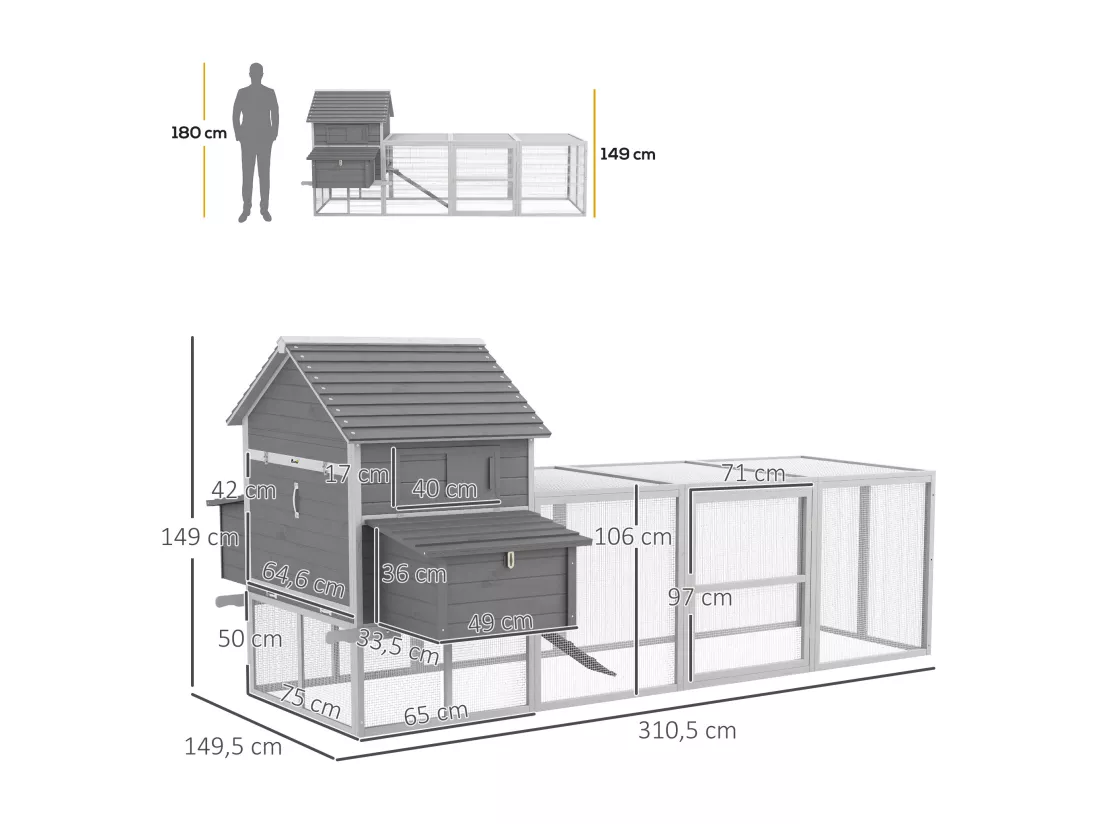 Poulailler cottage cage à poules sur pied dim. 310L x 149l x 149H cm multi-équipement bois sapin gris