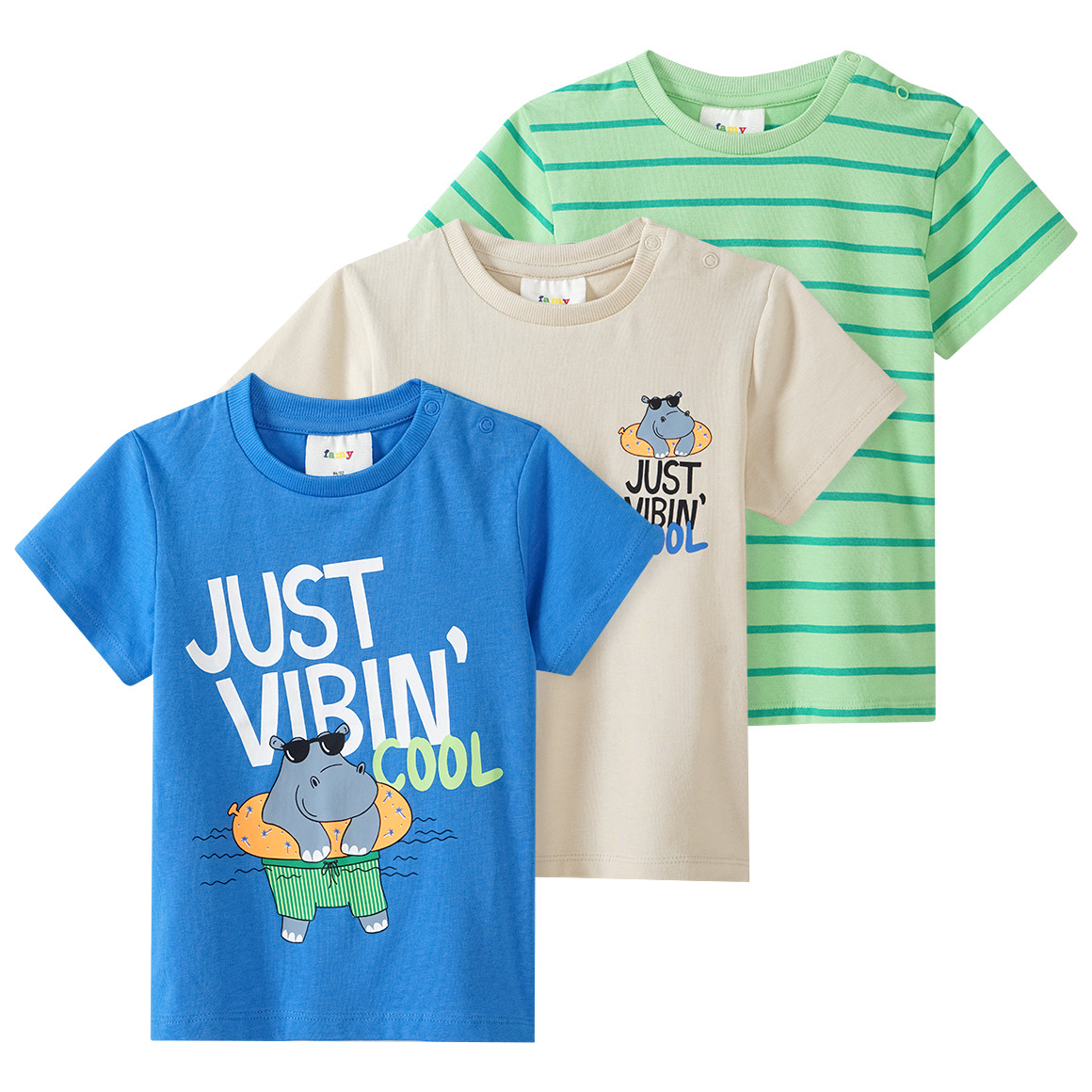 Famy 3 Baby T-Shirts in verschiedenen Dessins blau / beige / hellgrün