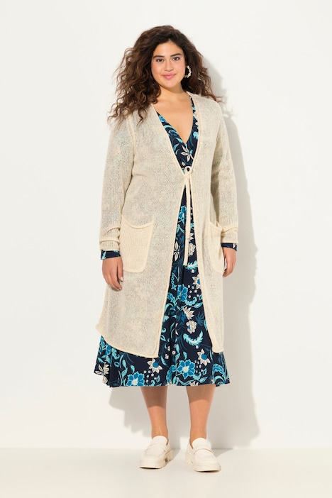 Long-Strickjacke, Bindeband, V-Ausschnitt, Rollkanten