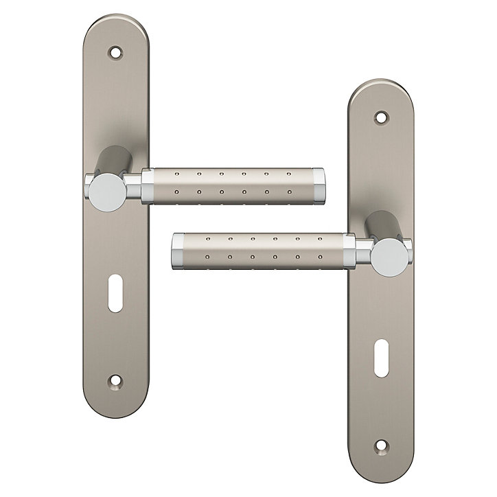 Ensemble poignée sur plaque rond serrure GoodHome Brigg effet chrome et nickel satin gris L.132mm x l.40mm entraxe 195mm