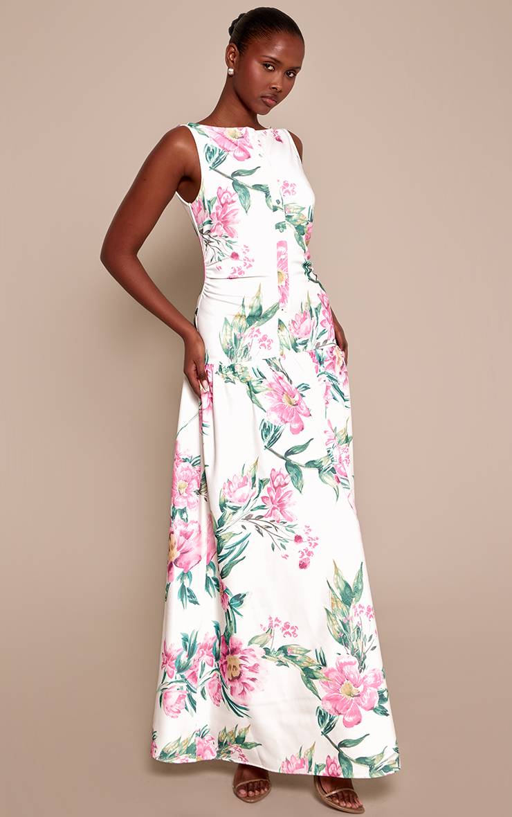 Cream Floral Robe Maxi À Taille Basse Avec Boutons En Tissu Tissé