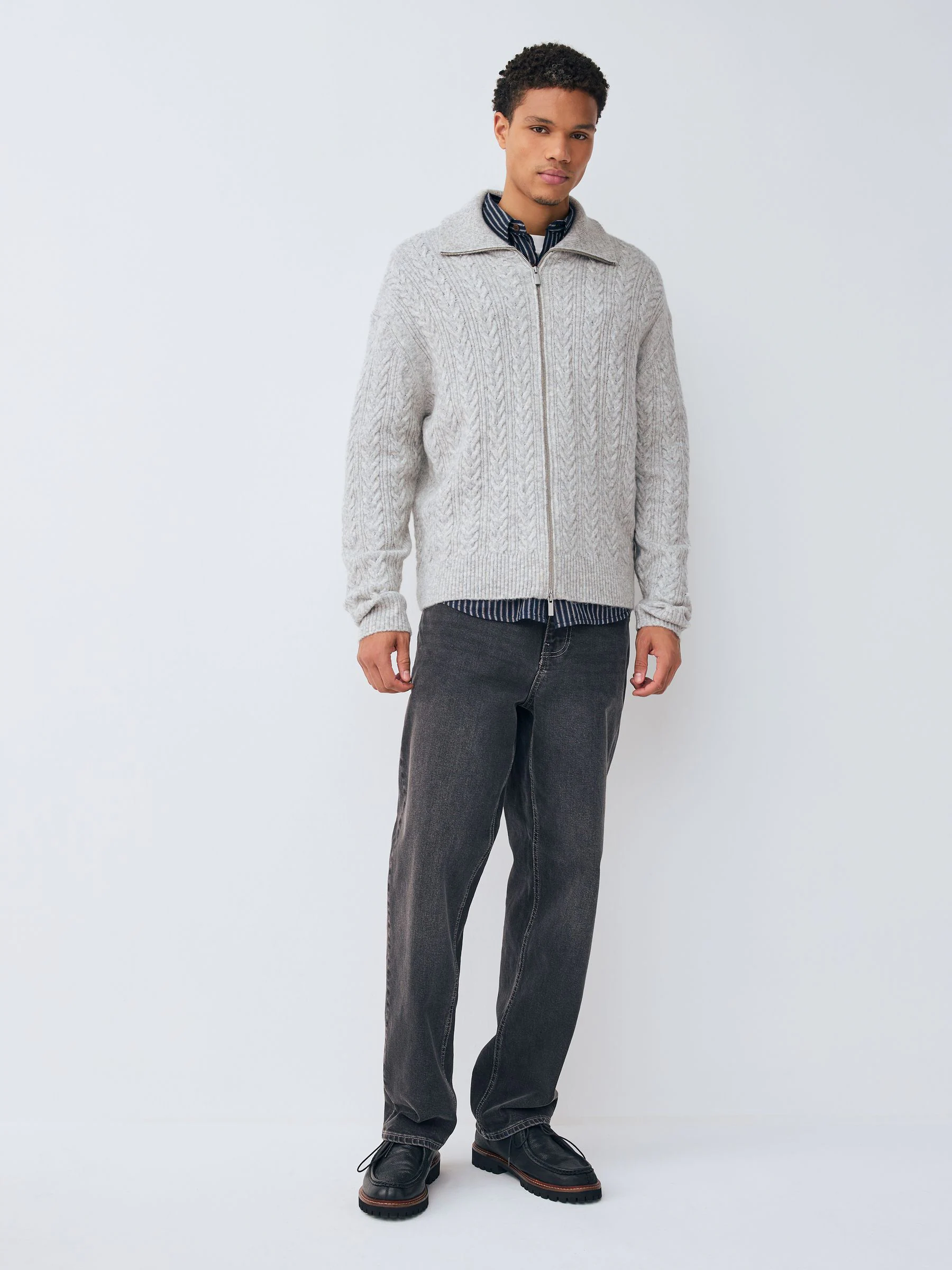 Grijs - Relaxed Fit Cosy Zip Through Collared Cardigan with Wool