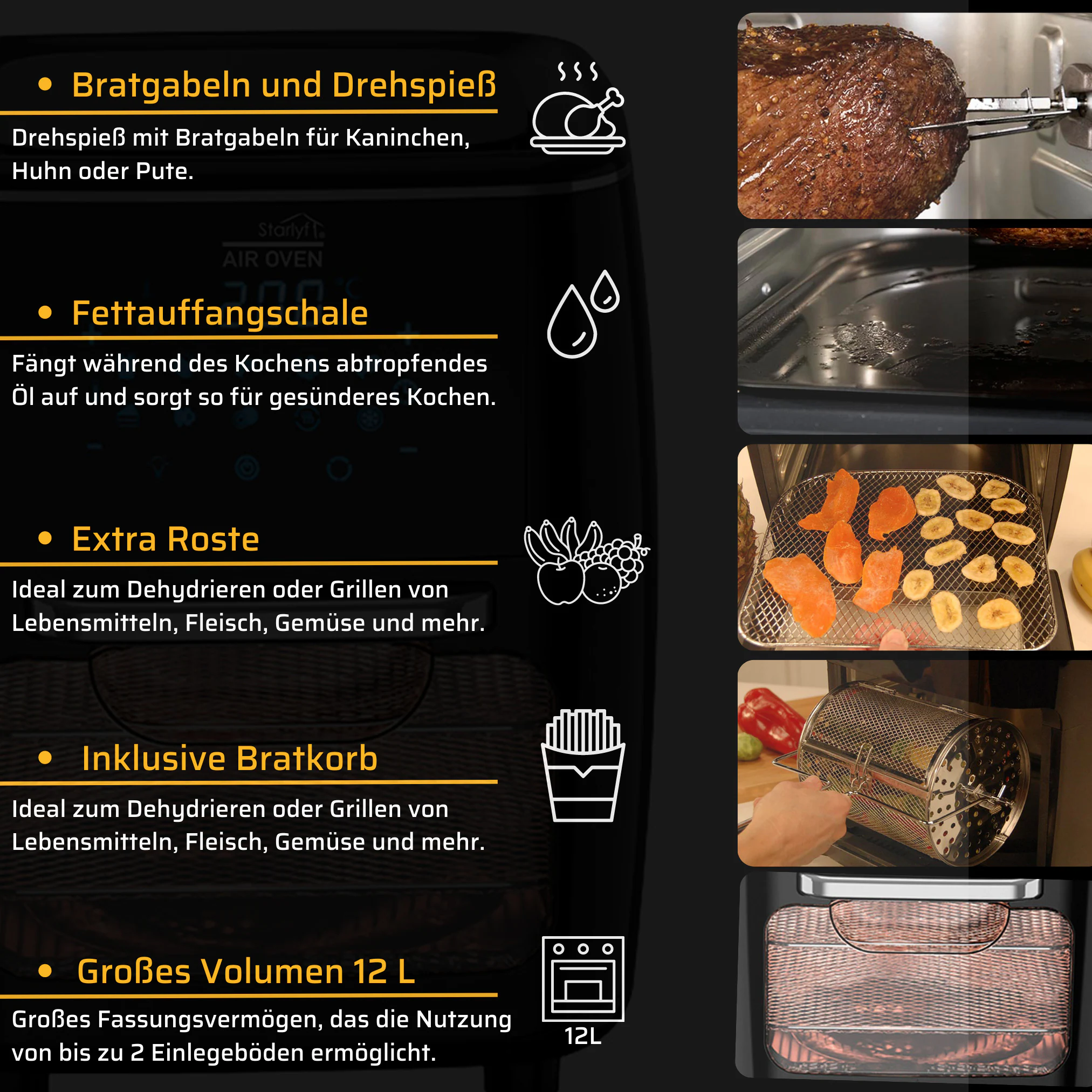 Starlyf® Heißluftfritteuse XL mit Drehspieß - Backofen & Fritteuse Air Oven 3in1