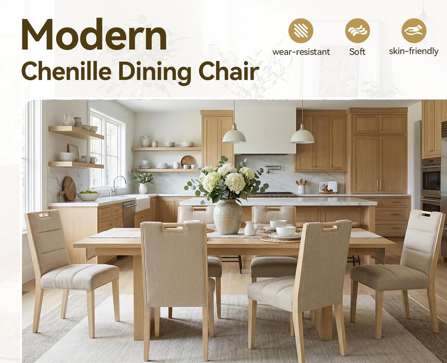 Esszimmerstühle 2er Set Chenille Polsterstuhl mit Holzbeinen Moderne Küchenstühle mit Oberer Griff für Esszimmer/Restaurant, Beige