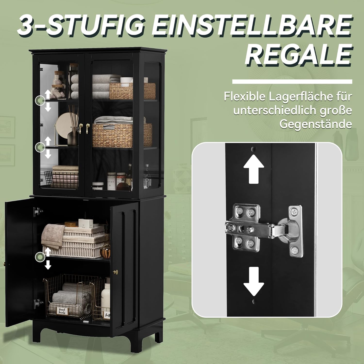 Freistehender Küchenschränke mit Glastür, Glasküchenschrank Vitrinen Klassischer Hoher Schrank mit Glastür und Verstellbaren Regalen für Küche, Wohnzimmer und Esszimmer, Schwarz