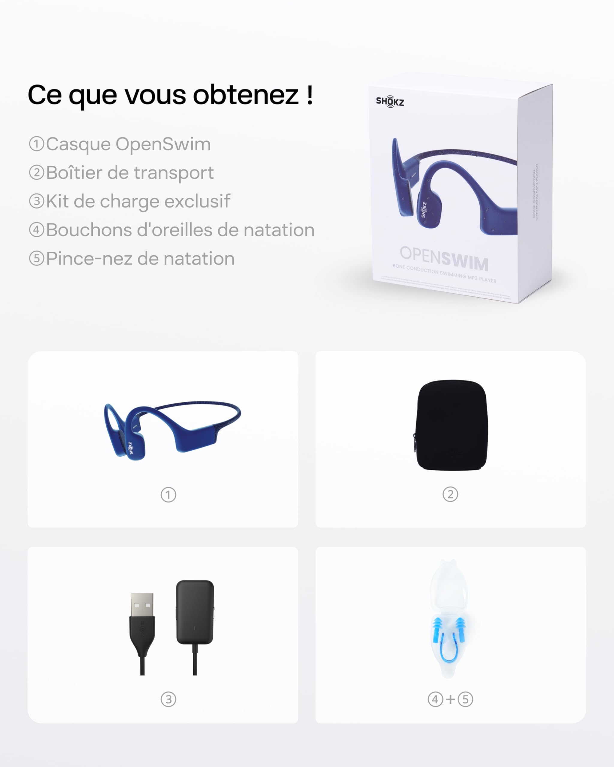 SHOKZ OpenSwim Casque à conduction osseuse, lecteur MP3 de natation étanche IP68, écouteurs de sport oreilles libres avec 4 GB de mémoire, 8H d’autonomie, bouchons d’oreilles(sans Bluetooth), Bleu