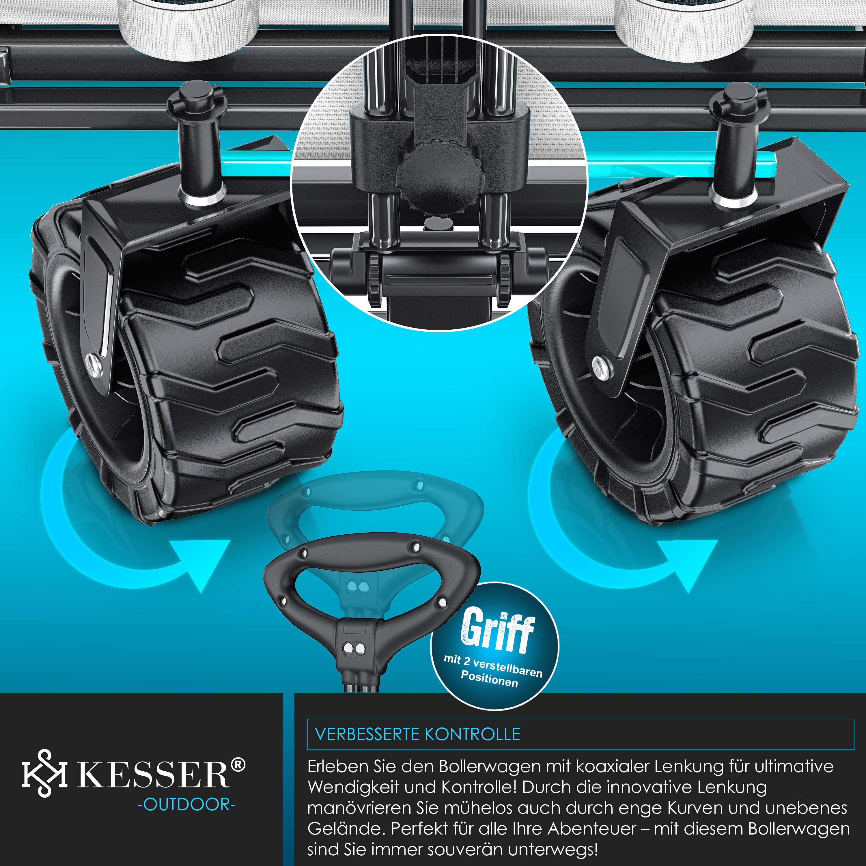 KESSER® Bollerwagen faltbar mit Breite Reifen Handwagen Transportkarre Gerätewagen | inkl. 2 Netztaschen | klappbar | Kunststoff-Reifen | bis 120 kg Tragkraft transportwagen Gartenanhänger