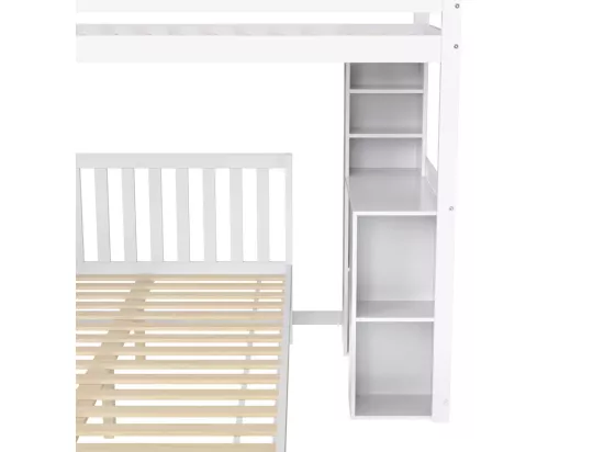 Lit superposé 90x200 cm + 120x200 cm - avec escalier de rangement et étagères de rangement - Pin et MDF - Blanc