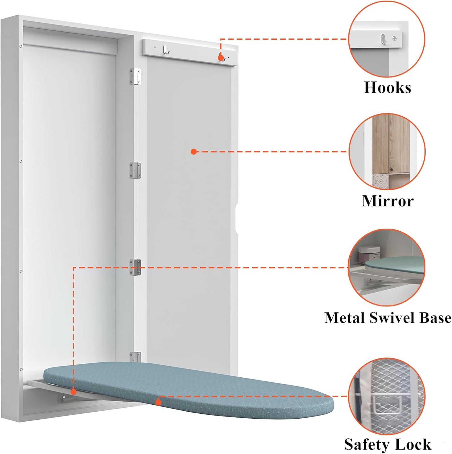 Slim Wall Mounted Ironing Board Cabinet, 180° schwenkbare Metallbasis & Spiegel, Faltbare Bügelbretter für Wäsche, Keine Montage erforderlich, platzsparend