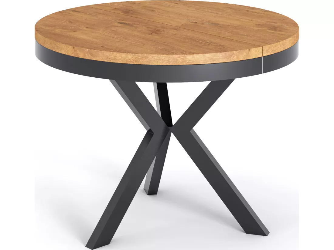 Table à Manger Ronde Extensible Style Loft - Grande Table Industrielle Avec Pieds En Métal - Gain De Place Pour Salon Et Séjour - Chêne Lancelot - 100 à 140 Cm