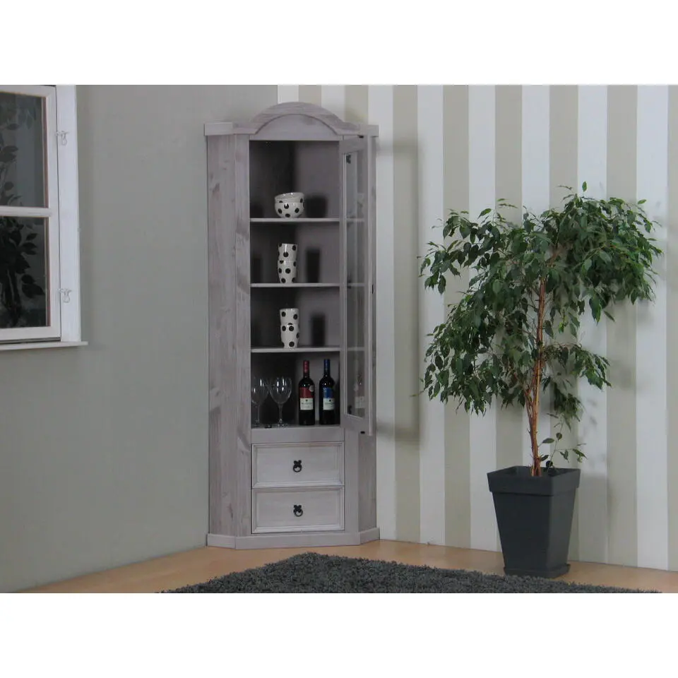 Hioshop New Mexico hoekkast hoekvitrine grijs grenen