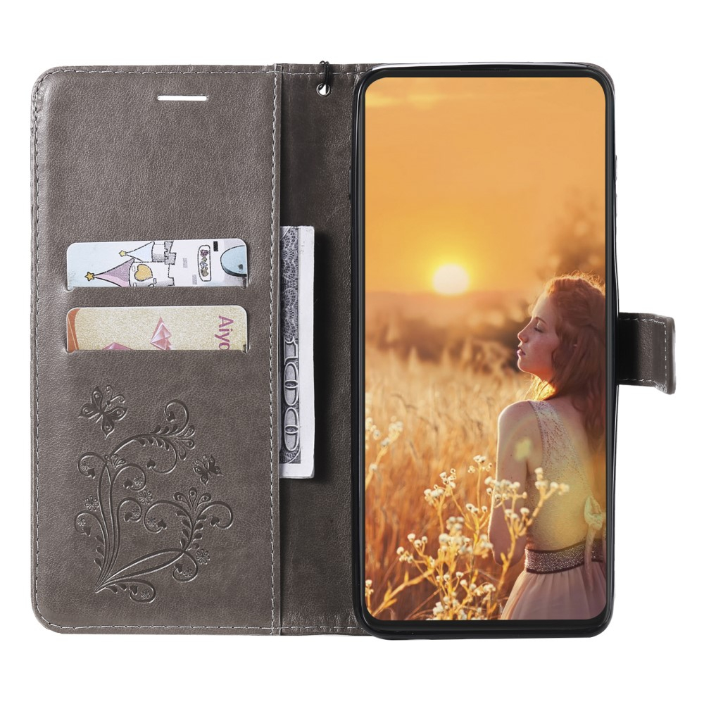 iPhone 13 Leder Tasche mit Kartenfach   Handschlaufe Schmetterling - Grau