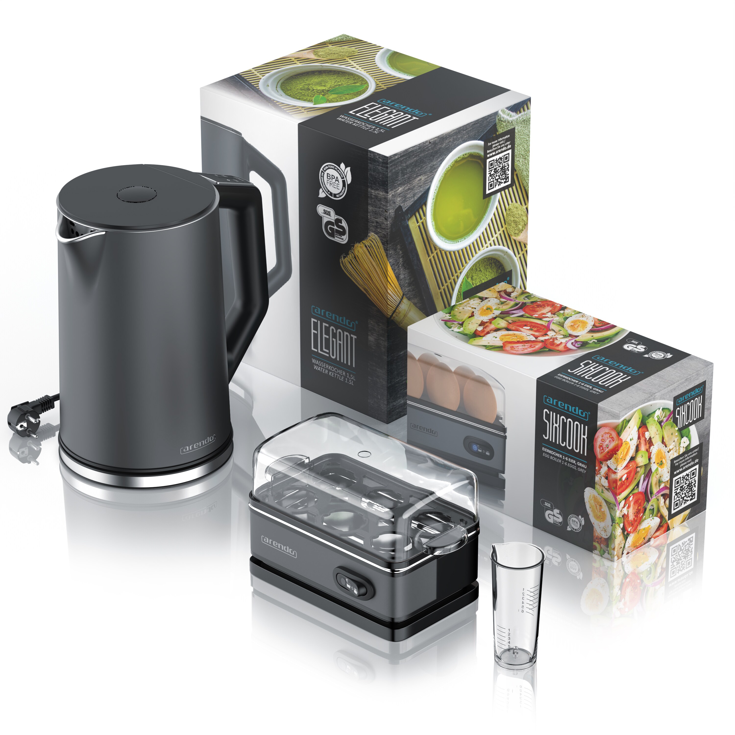 Arendo Frühstücksset, 6er Eierkocher SIXCOOK, 1,5L Edelstahl Wasserkocher, Grau