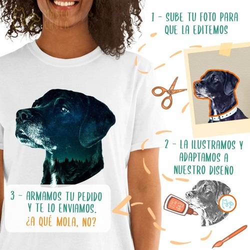 Camiseta feminina Mascochula Noite Estrelada personalizada com seu animal de estimação, branca.