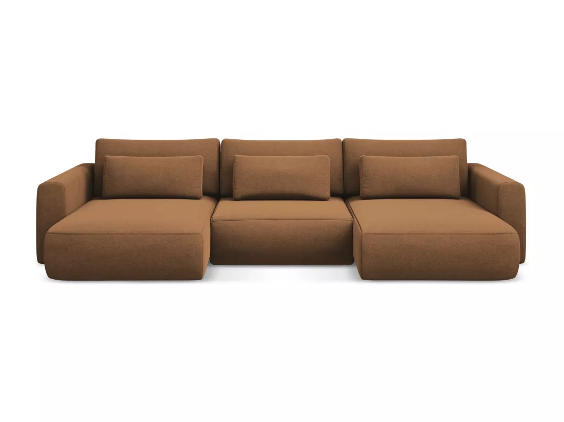 Canapé d'angle panoramique convertible en tissu texturé - terracotta foncé - KAPUA