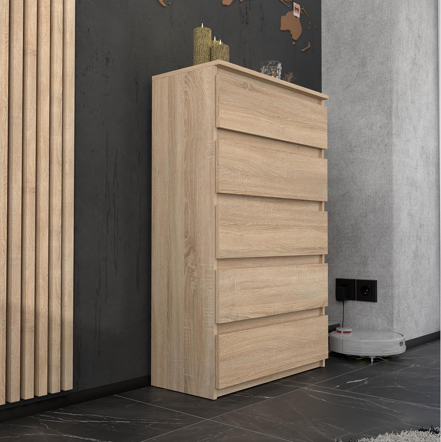 Kommode mit 5 Schubladen - Holz Sideboard 70x115x33,5 cm (B/H/T) - Schmale Kommode für Schlafzimmer & Flur - Regal mit Schubladen - Schrank mit Schubladen - Modernes Möbelstück (Sonoma)