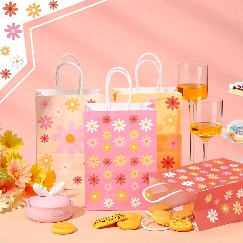 (24er Set) 21x15cm Kraftpapier Tüten Geschenktasche Candy Gift Bags Blumen Papiertüten für Frühling / Sommer - Gelb