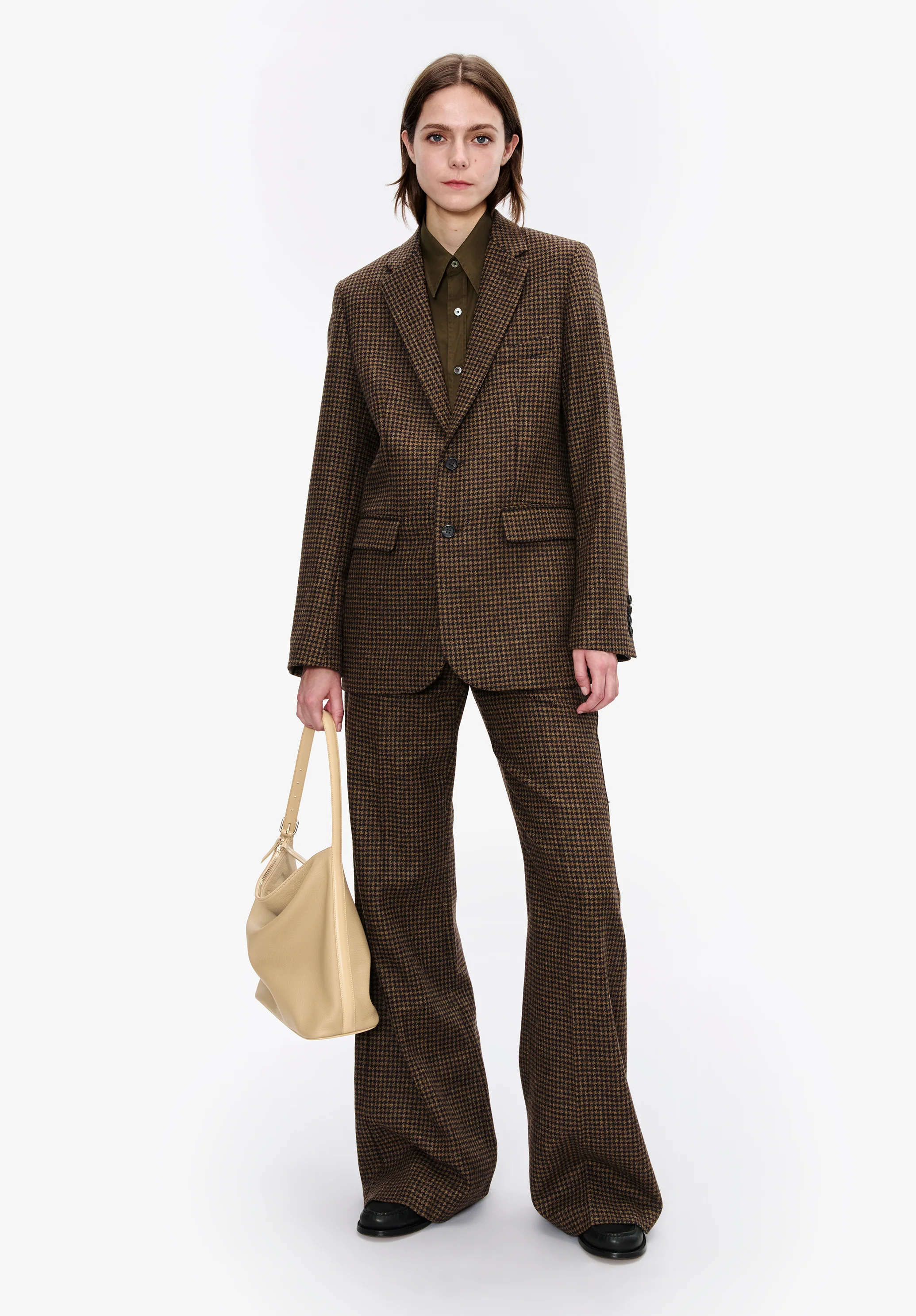 Pantalon pied de poule droit à plis - Noisette