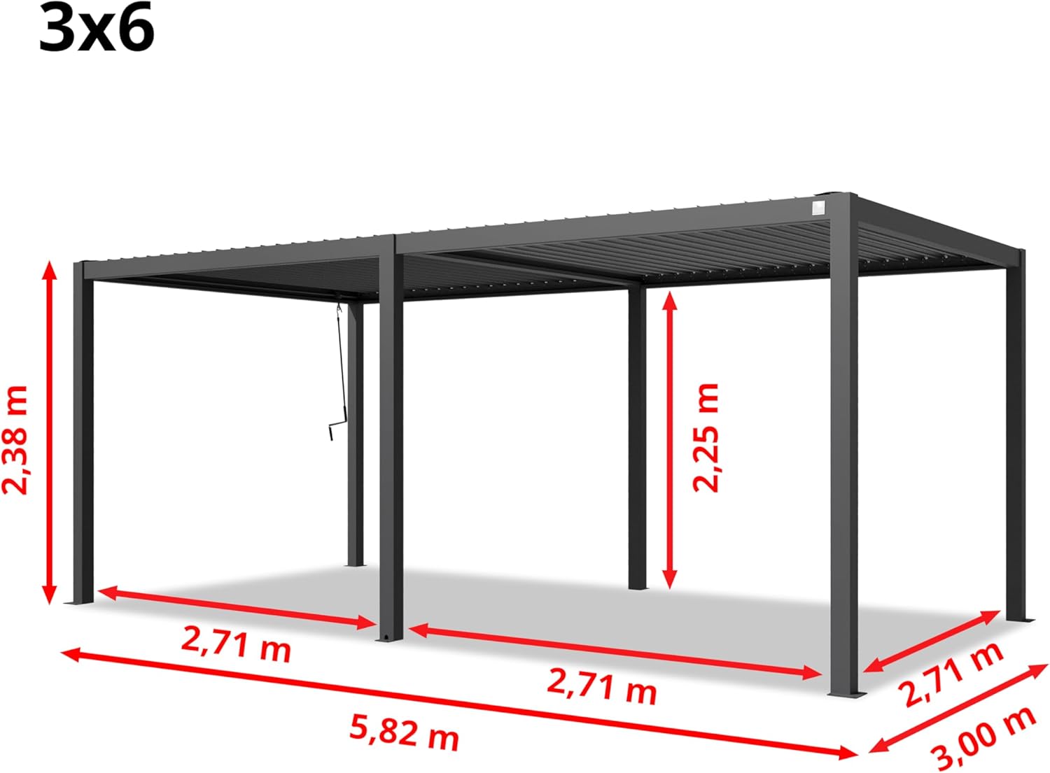 PRIMEYARD Pergola 3x6 m Aluminium-Pfosten mit Lamellendach aus Stahl anthrazitfarbene Terrassenüberdachung