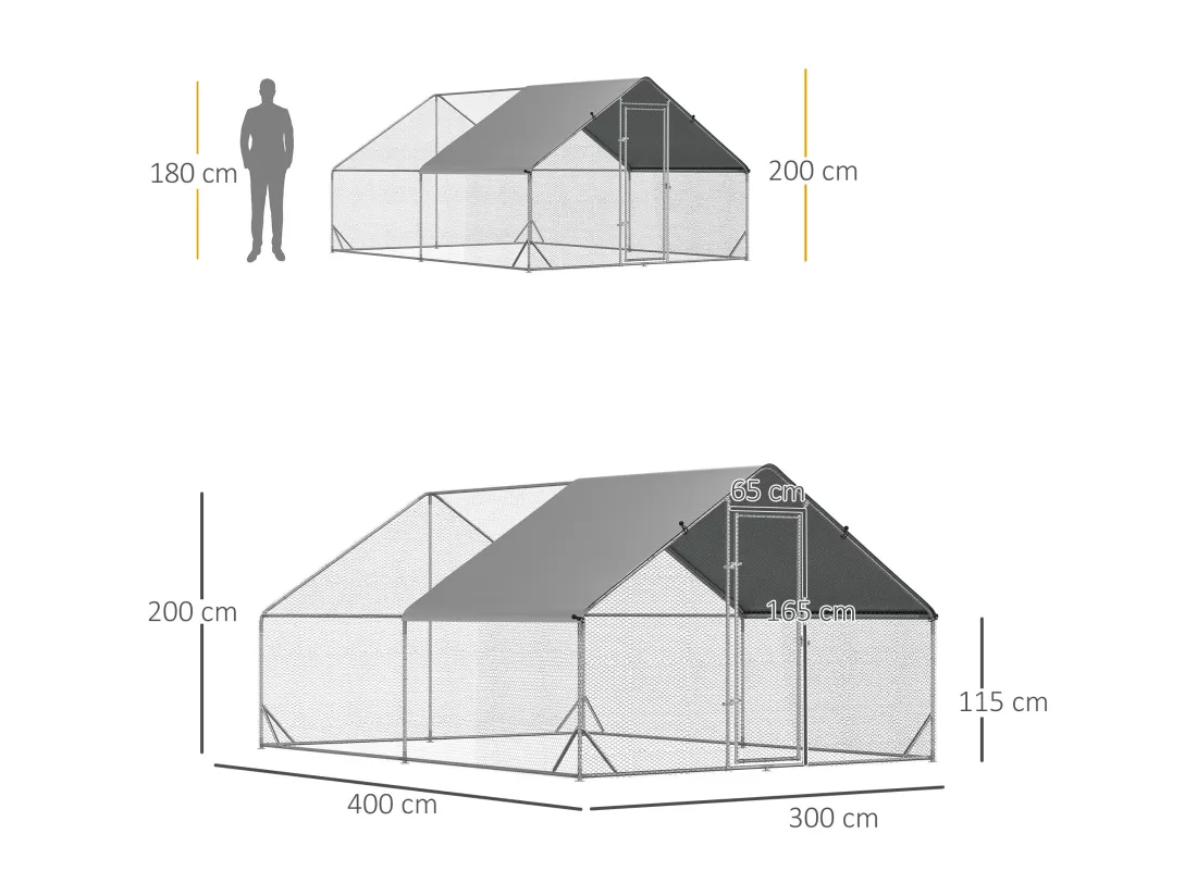 Enclos poulailler chenil 12 m² - parc grillagé dim. 4L x 3l x 2H m - espace couvert - acier galvanisé