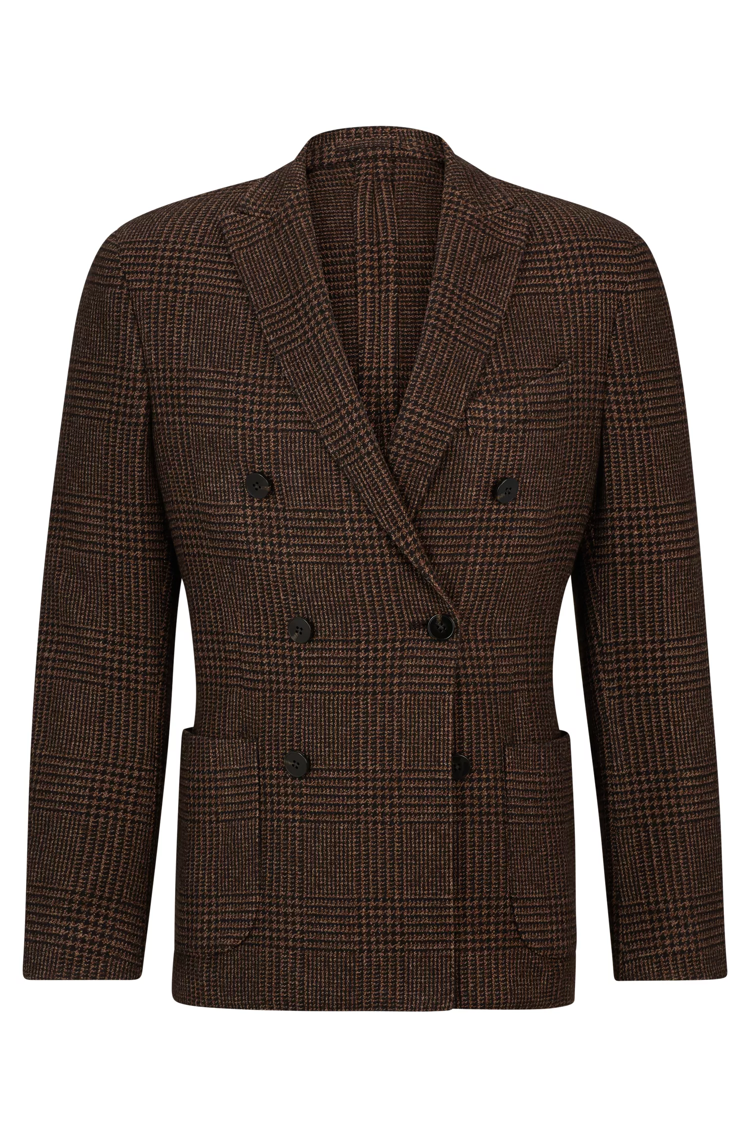 Jaqueta BOSS Camel Slim-Fit em seda xadrez e cashmere.