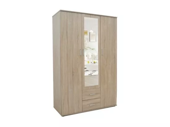 Armoire, garde-robe, avec miroir collection TOM, 3 portes 120 cm, penderie intégrée chêne sonoma