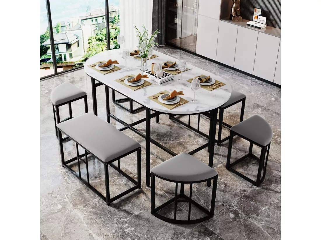Table à manger ovale 6 personnes, avec 6 tabourets, Effet marbre, en MDF et acier, Charge max 120kg, 140x70x74cm