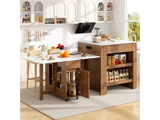 Table de bar extensible 110-124cm îlot cuisine 2 tiroirs 2 étagères prise courant plateau MDF blanc marbré marron
