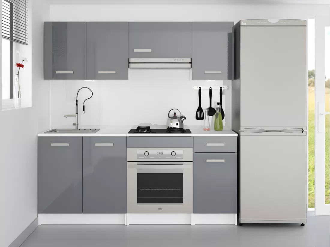Cuisine complète - Avec plan de travail 180 cm - Gris brillant et Blanc - TRATTORIA