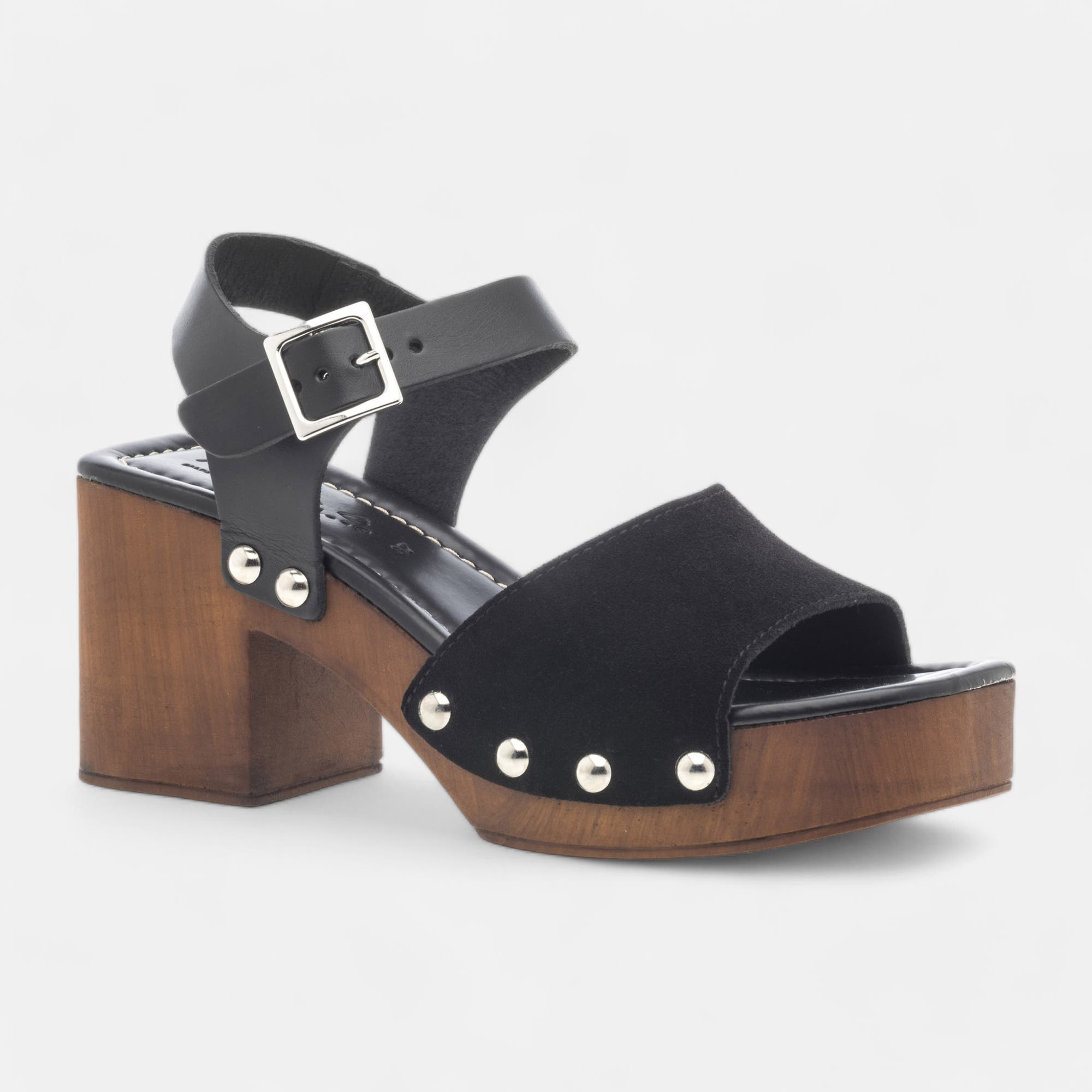 Chaussures semelle bois à talon Femme en cuir noir