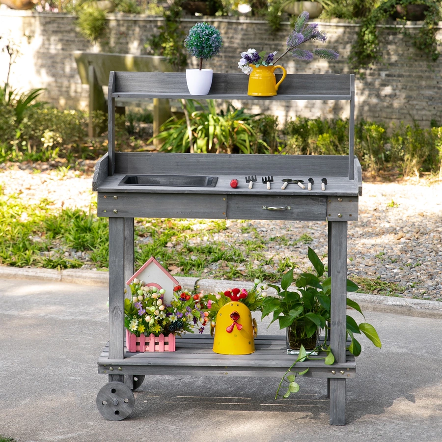 Outsunny Gärtnertisch mit Waschbecken und Rollen grau