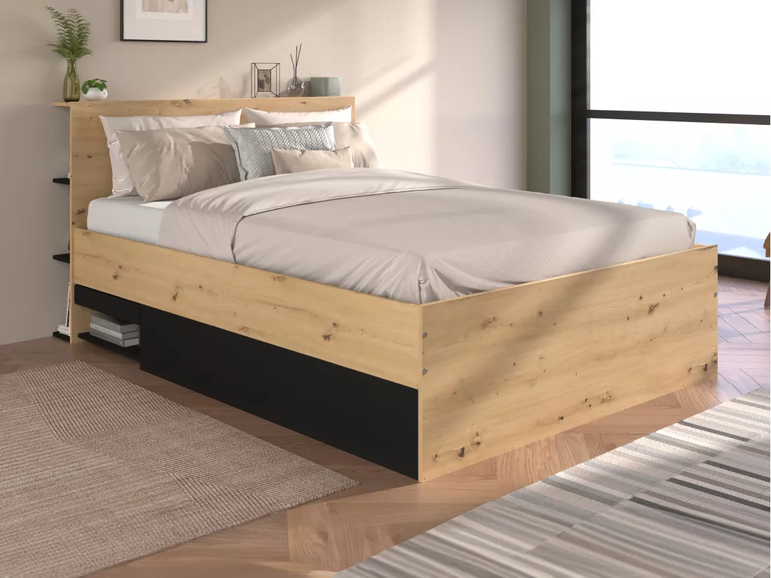 Lit coffre 140 x 190 cm - Coloris : Naturel et noir + Matelas - RADANI