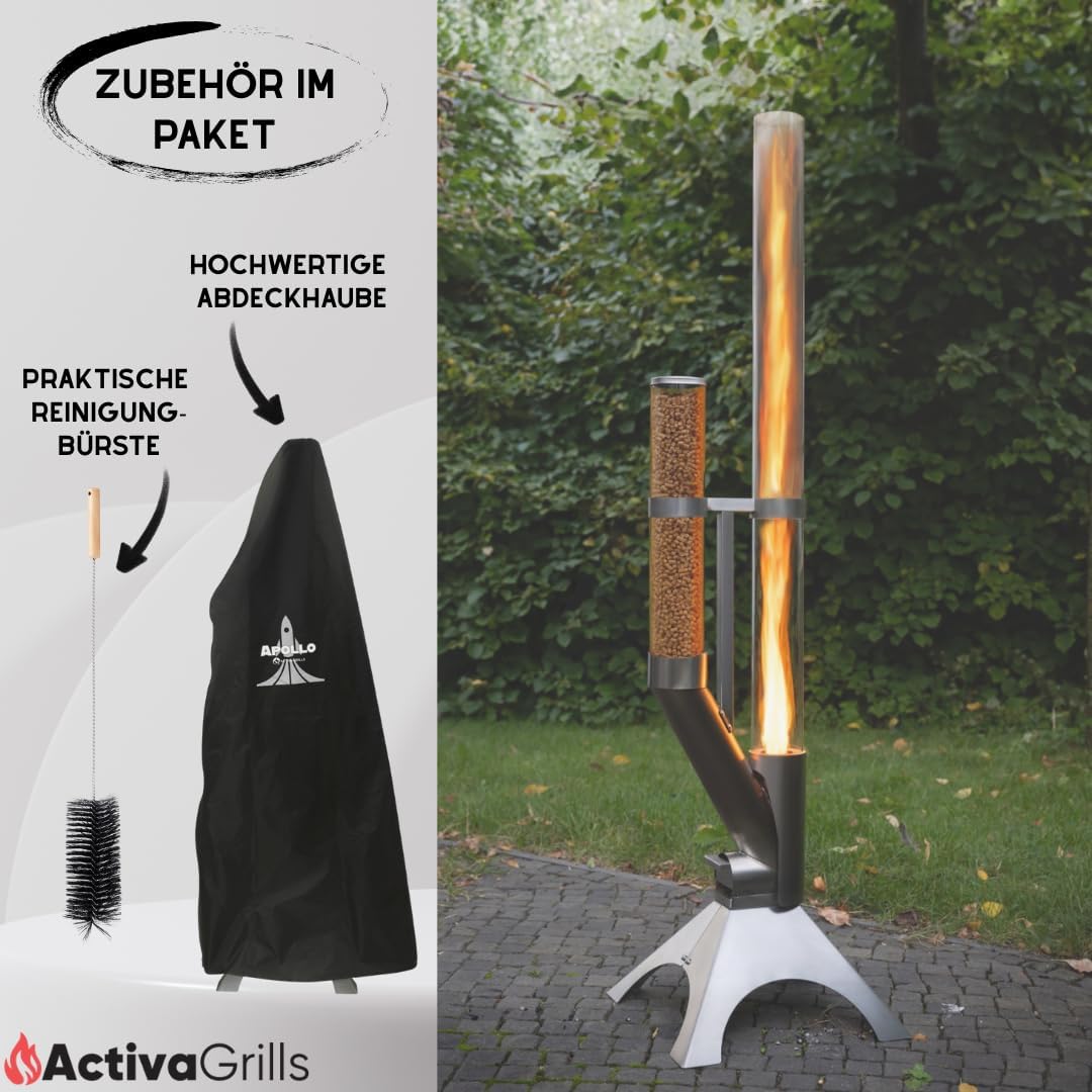 Feuerrohr - Dekorative Feuersäule Outdoor inkl. Reinigungsbürste und Abdeckhaube | Nachhaltige Feuerrohr Pelletfackel für stimmungsvolle Gartenmomente und tolles Ambiente
