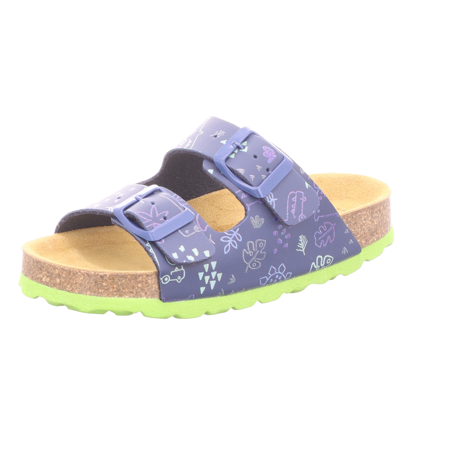 SCHUH OKAY Kinder-Pantolette mit Tieffußbett Blau-Mehrfarbig