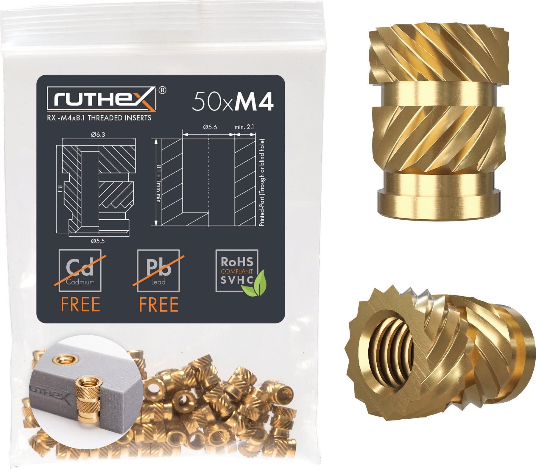 ruthex  Gewindeeinsatz M4 (50 Stück), M4x8,1    Hochwertige Gewindebuchsen aus Messing