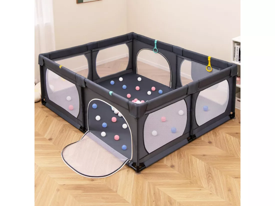 Grand Parc Bébé avec 50 Balles Océaniques, avec 4 Anneaux à Main, Centre d'Activités pour Bébé avec Maille Respirante, 189 x 158 x 68 CM (Gris Foncé)
