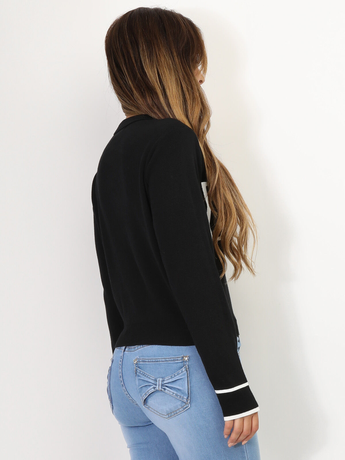 Cardigan à nœud et boutons nacrés- Noir