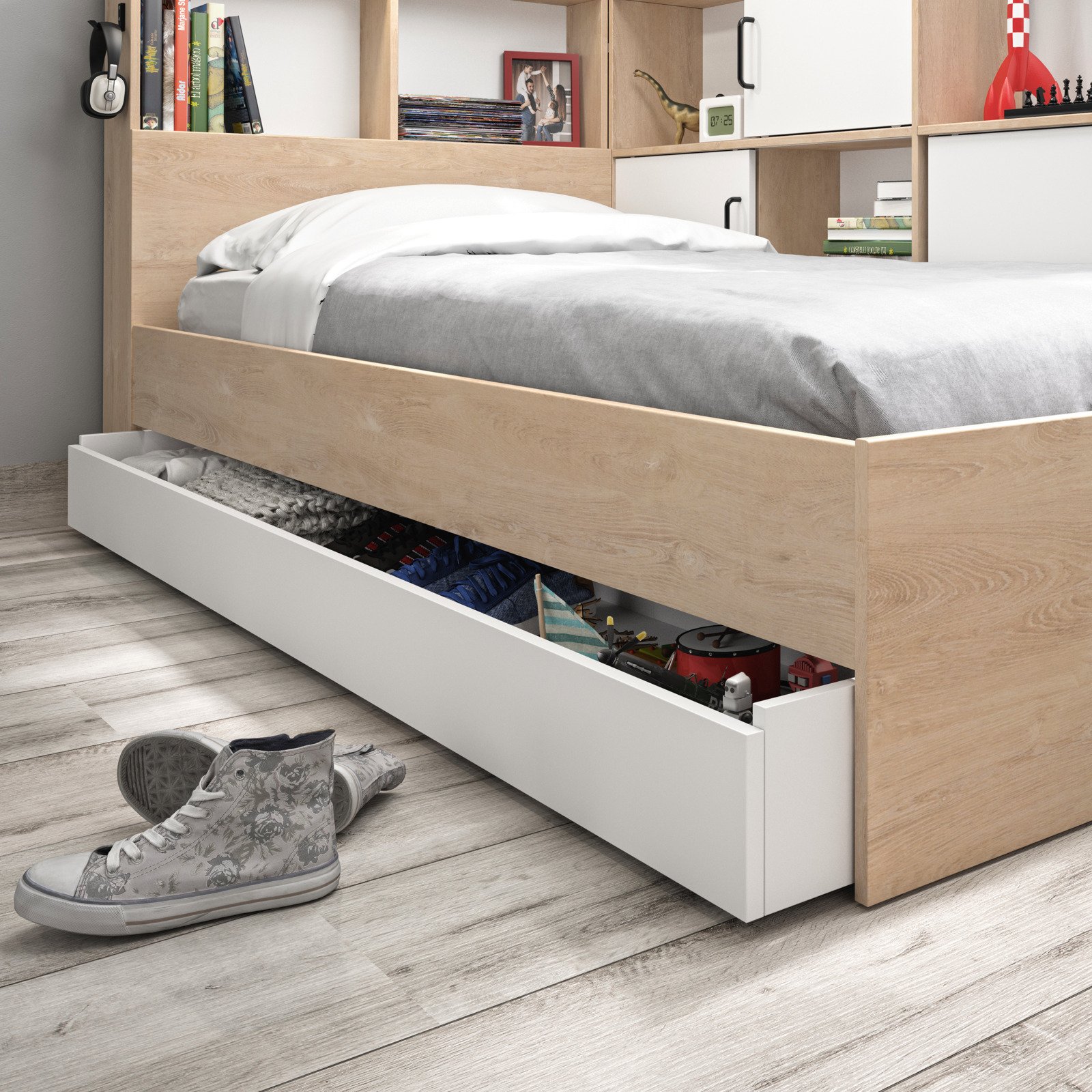 Bett Erwan Dekor Natur weiss 90 x 200 cm, mit Stauraum