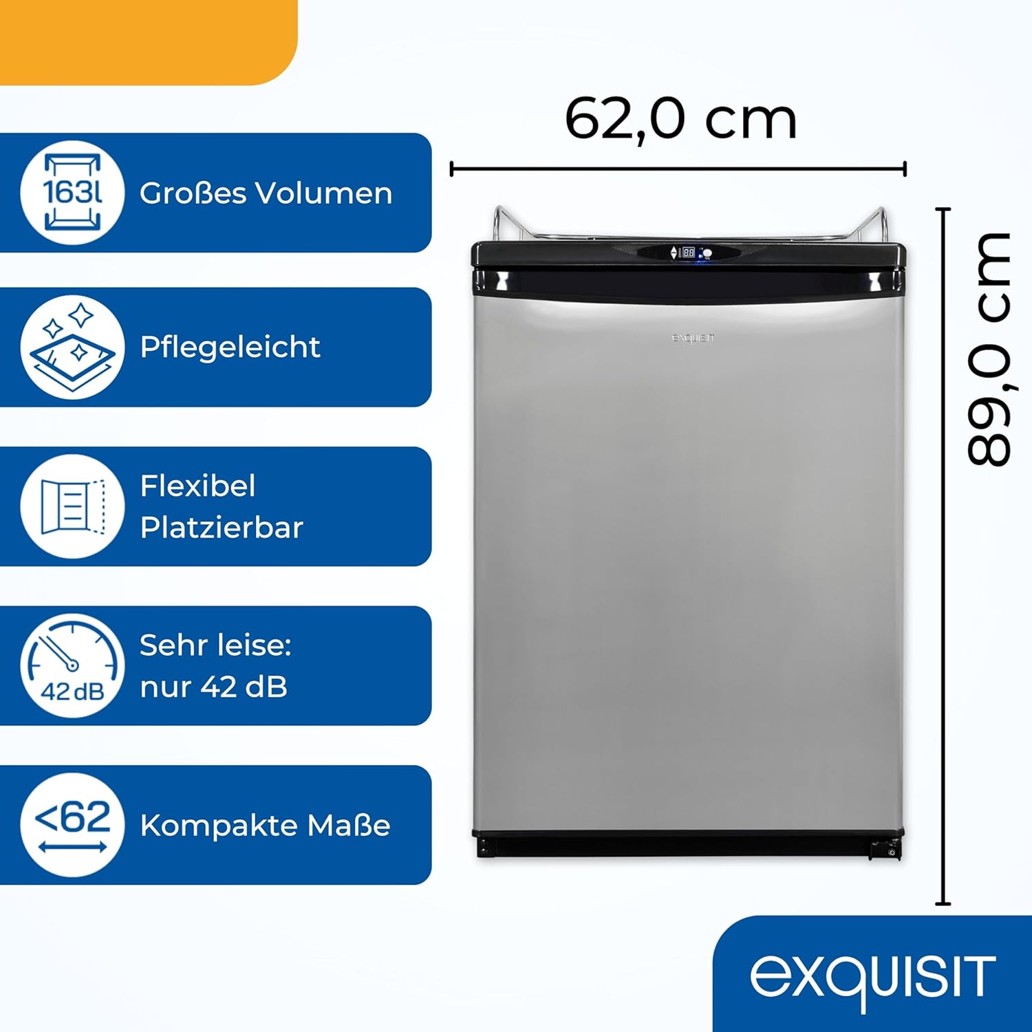 Exquisit Bierkühler, 163 Liter, mit Zapfvorrichtung, Gitterablagen, Türanschlag wechselbar, 89 cm Höhe, 42 dB, Display, BK160-HE-300G inox