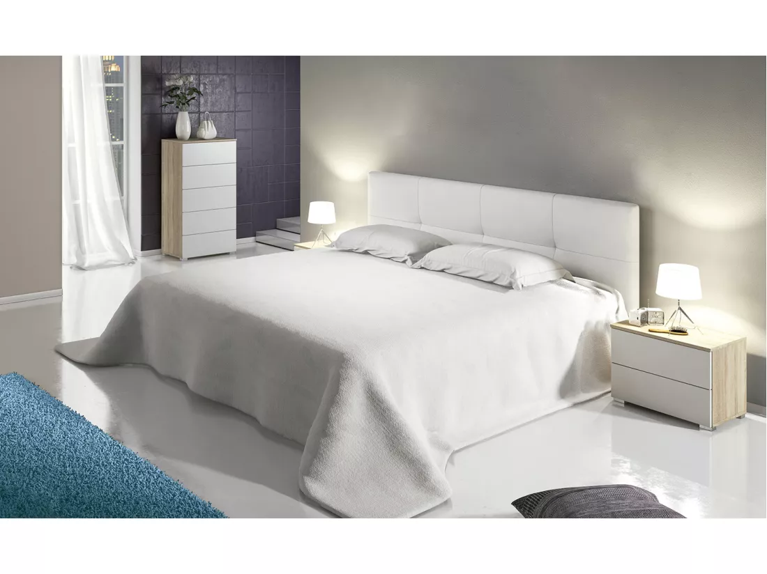 Ensemble chambre à coucher, tête de lit capitonnée + 2 tables chevets + chiffonnier coloris Blanc/Chêne cambrian