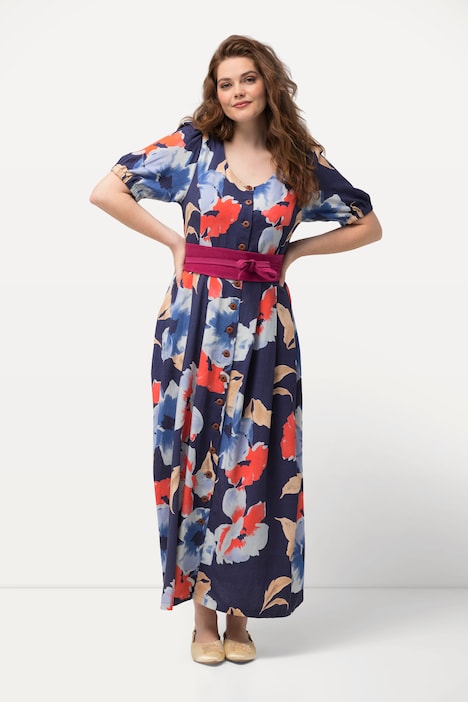 Kleid, Leinenmix, Knopfleiste, Rundhals, Halbarm