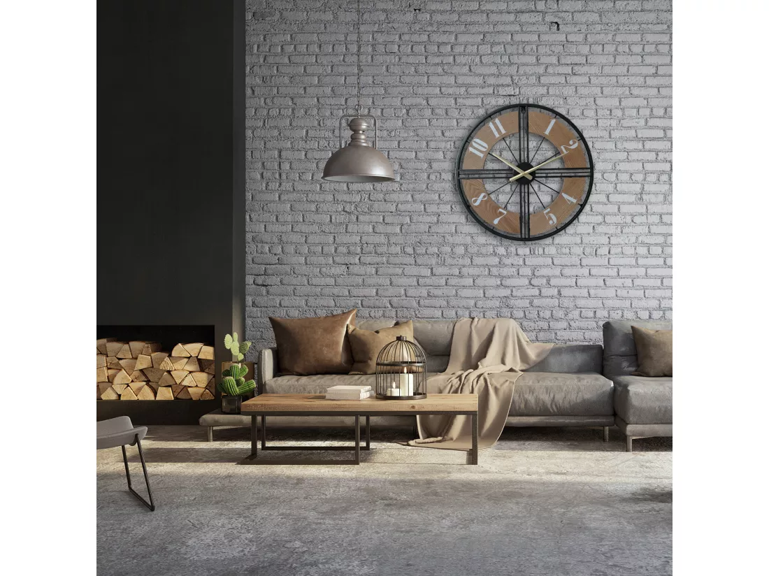 Horloge Murale Décorative Horloges Rondes Mdf Métal Noir Brun 50 cm