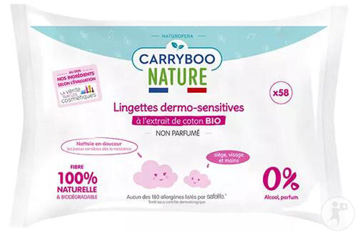 Carryboo Lingettes Dermo-Sensitives À L'Extrait De Coton Bio Non Parfumé 58 Pièces