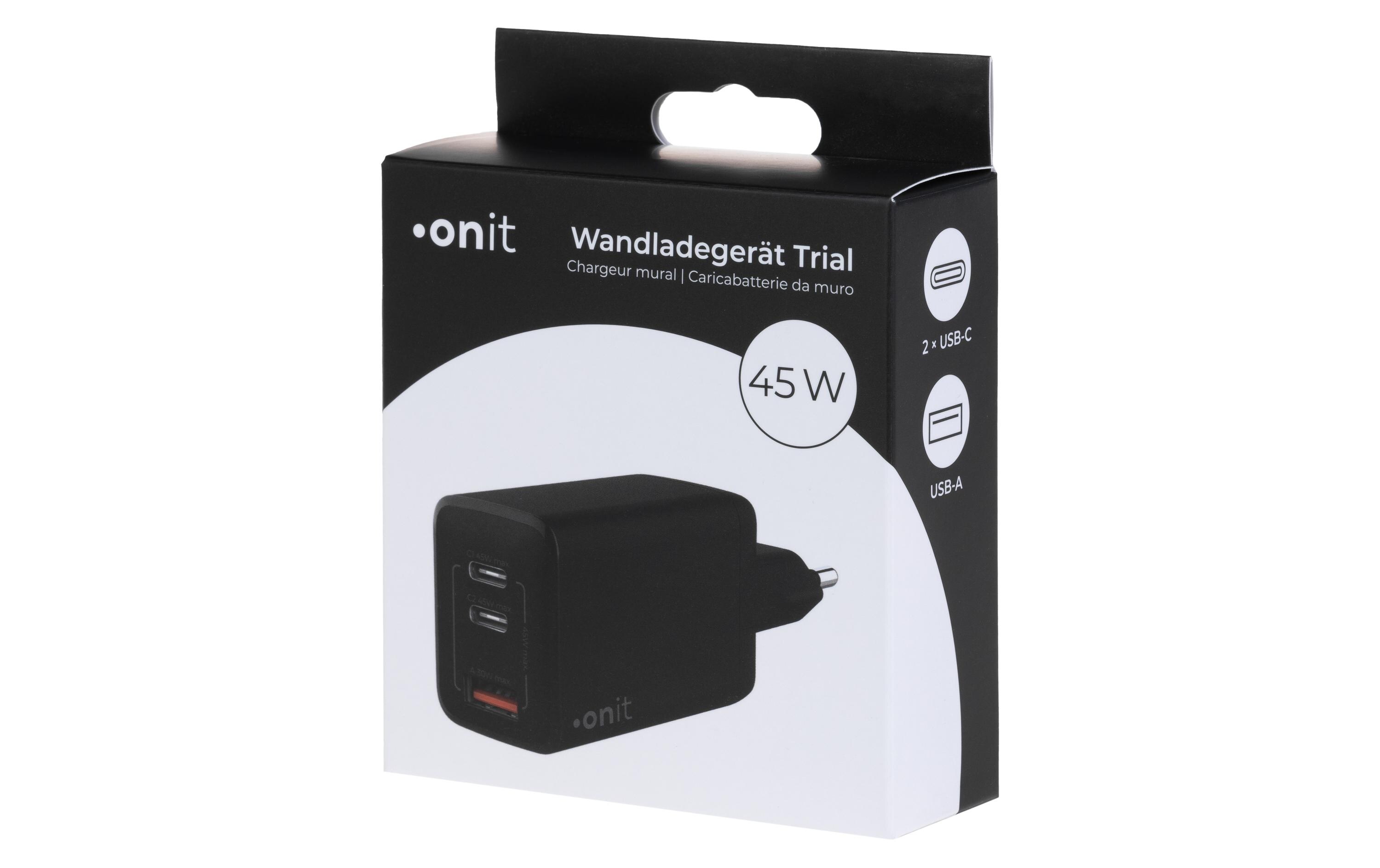 USB-Wandladegerät Trial QC4+ 45 W GaN SchwarzLadeadapter mit zwei USB-C-Ports und einem USB-A-Port