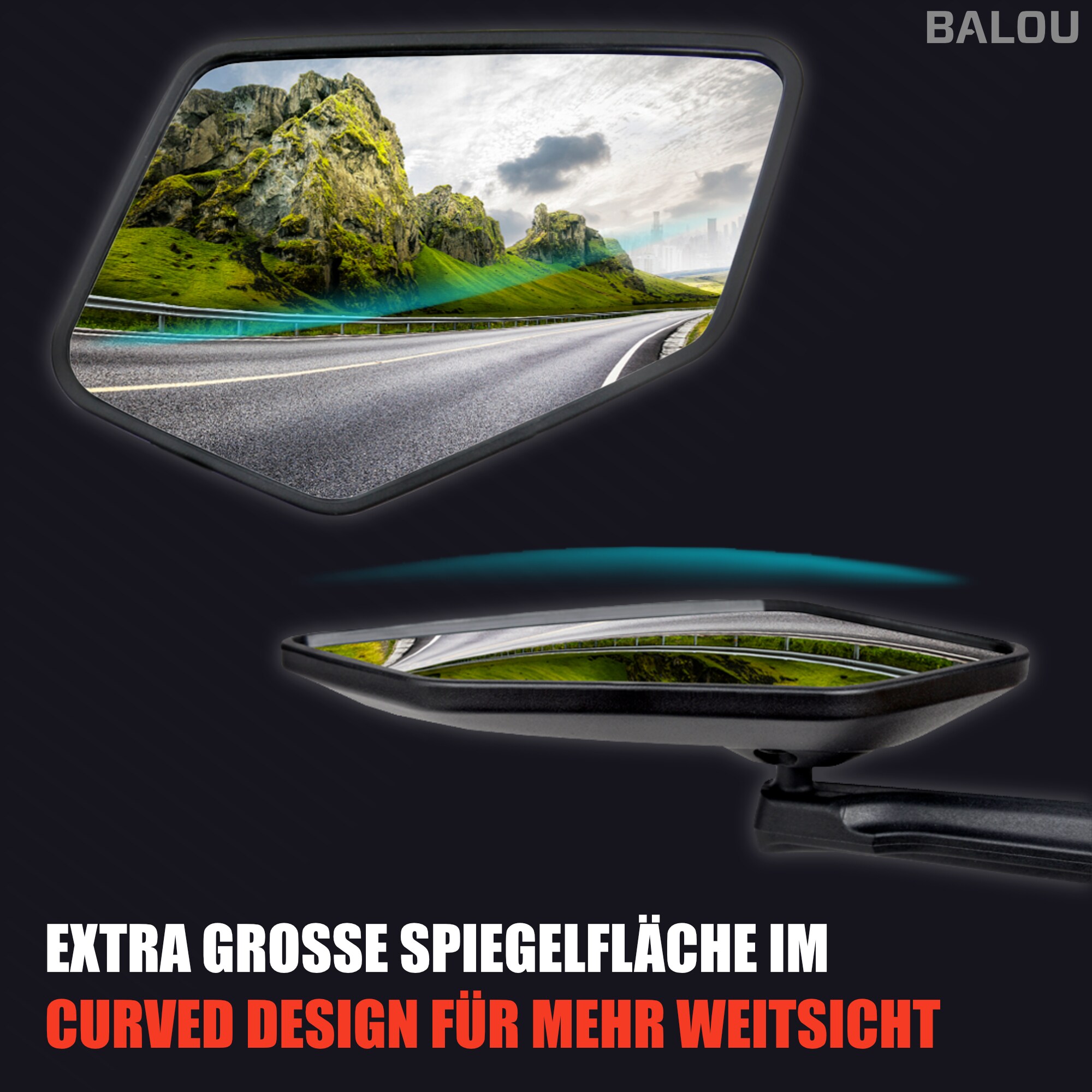 BALOU Fahrradspiegel mit extra großer Spiegelfläche und Reflektorstreifen