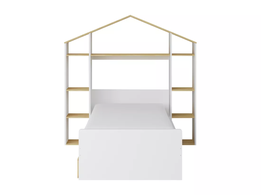 Lit cabane 90 x 190 cm - Coloris : Blanc et naturel + Matelas - JERACO