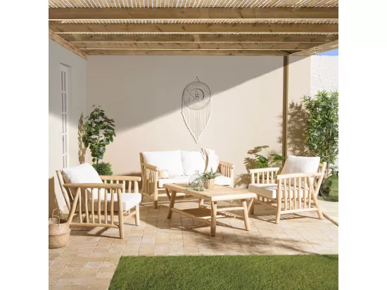 WILL - Ensemble BORNEO : canapé 2 p. 2 fauteuils 1 table basse en teck
