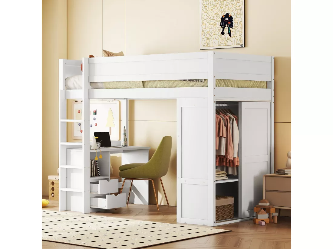 Lit mezzanine 90 x 200 cm avec bureau + 2 tiroirs - Armoir avec porte coulissante - Bois MDF - Blanc