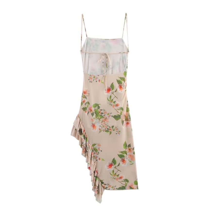 Cumulys - Spaghettibandjes bloemenprint ruches asymmetrische midi-jurk
